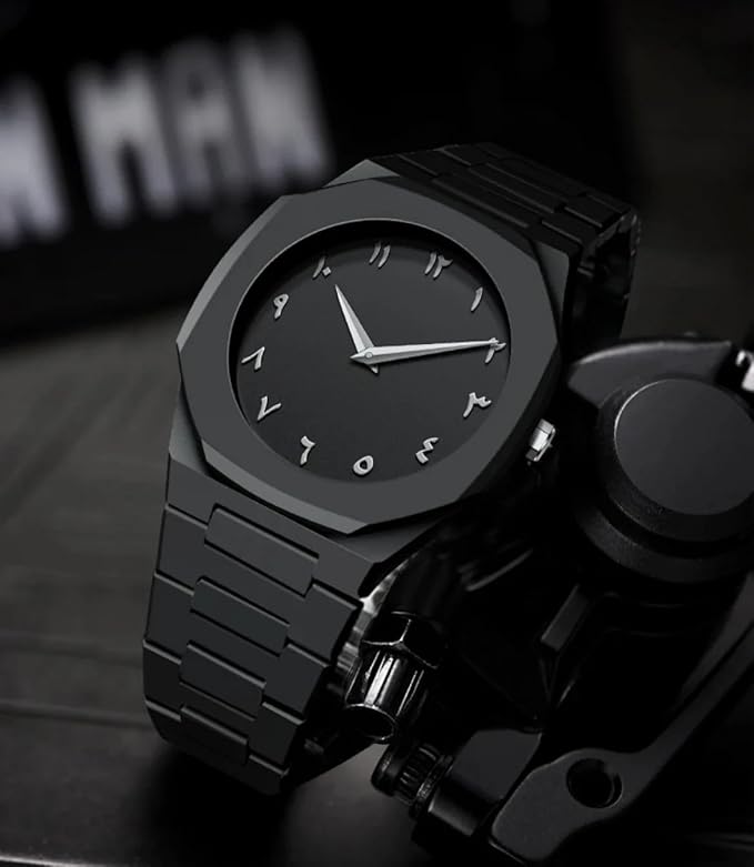 All-Black Men's Quartz Watch with Arabic Numerals